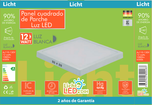 PANEL PARCHE CUADRADA 12W 6500K (LICHT LED) LUZ BLANCA (C/40)