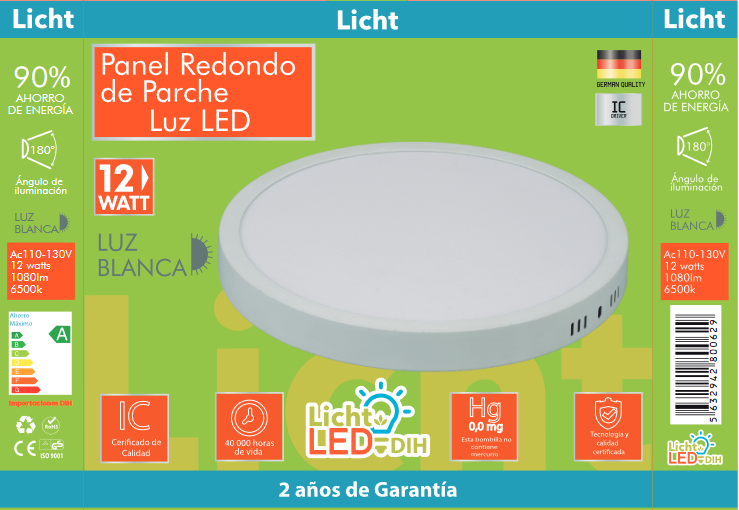 PANEL PARCHE REDONDA 12W 6500K (LICHT LED) LUZ BLANCA (C/40)