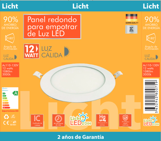 PANEL LUZ CALIDA PARA EMPOTRAR 12W 3000K (LICHT LED) (C/20) PANEL REDONDA