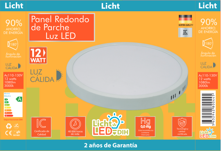 PANEL PARCHE REDONDA 12W 3000K (LICHT LED) LUZ CALIDA (C/40)