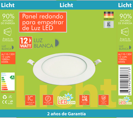 PANEL PARA EMPOTRAR 12W 6000K Luz Blanca (LICHT LED) (C/60) PANEL REDONDA