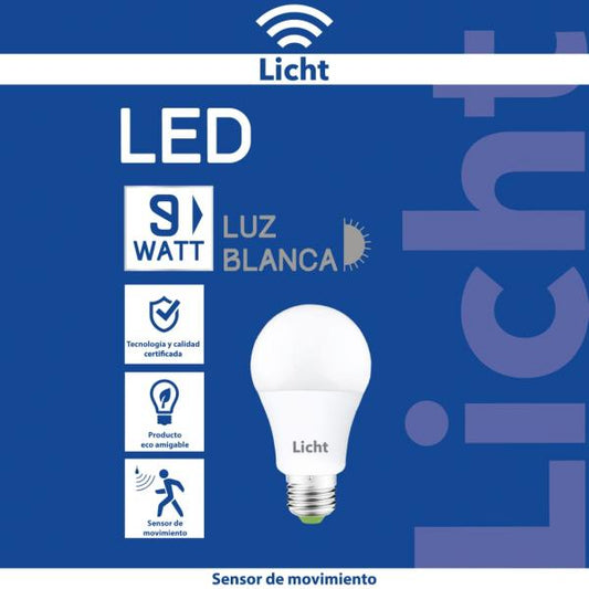 BOMBILLO DE SENSOR DE MOVIMIENTO 9W 6500K (LICHT LED) LUZ BLANCA (C/100)