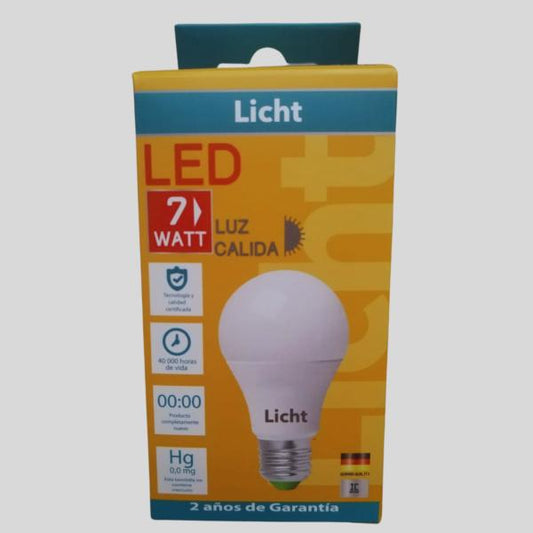 BOMBILLO 7W 3000K (LICHT LED) LUZ AMARILLA/CALIDA (C/100)